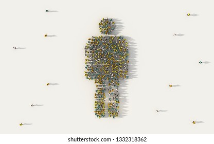 Large group of people forming a man symbol in social media and community concept on white background. 3d sign of crowd illustration from above gathered together