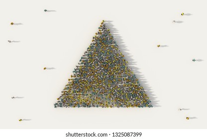 Large Group Of People Forming A Triangle Geometry Icon In Social Media And Community Concept On White Background. 3d Sign Of Crowd Illustration From Above Gathered Together