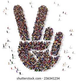 Large Group Of People Gathered In The Shape Of Hand Showing Victory Sign