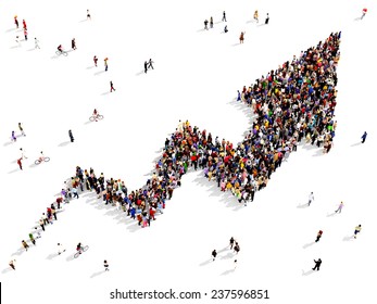 Large group of people gathered together in the shape of growing graph arrow