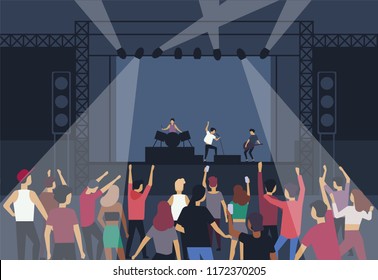 Large group of people or music fans dancing in front of stage with performing musical band, back view. Musicians, singers and audience at summer open air festival. Flat cartoon illustration. - Powered by Shutterstock