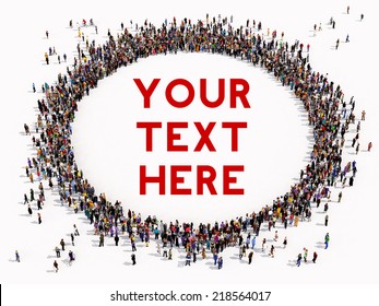 Large Group Of People Seen From Above, Gathered In The Shape Of A Circle, On White Background 