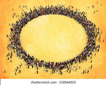 Large Group Of People Seen From Above, Gathered In The Shape Of A Circle, On Yellow Watercolor Background 