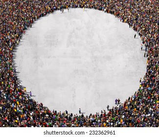 Large Group Of People Seen From Above, Gathered In The Shape Of A Circle, Standing On A Concrete Background