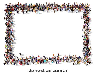 Large Group Of People Seen From Above, Gathered In The Shape Of A Rectangle Standing On White Background