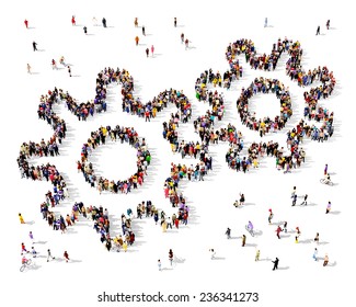 Large Group Of People Seen From Above Gathered In The Shape Of A Gear Icon 