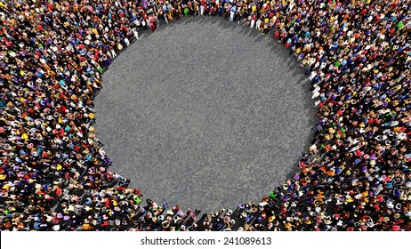 Large Group Of People Seen From Above, Gathered In The Shape Of A Circle, Standing On Street Pavement Background - Wide Landscape Format