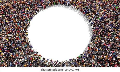 Large Group Of People Seen From Above, Gathered In The Shape Of A Circle, Standing On A White Background