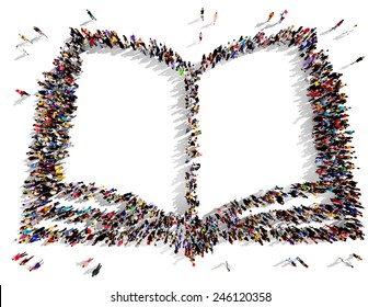Large group of people seen from above gathered together in the shape of a open book