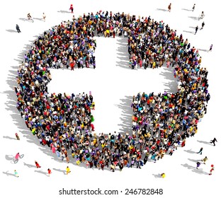 Large group of people seen from above gathered together in the shape of a plus sign
