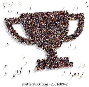 Large group of people seen from above gathered together in the shape of a trophy icon