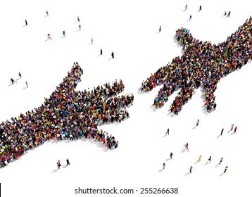 Large Group Of People Seen From Above Gathered Together In The Shape Of Two Hands Reaching Out Each Other