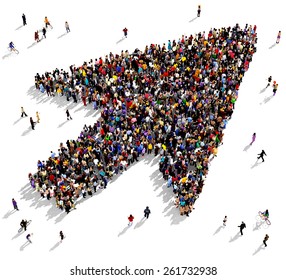 Large Group Of People Seen From Above Gathered Together In The Shape Of A Arrow Cursor