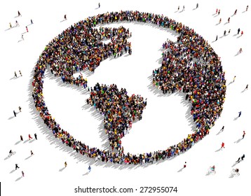 Large Group Of People Seen From Above Gathered Together In The Shape Of The World Map