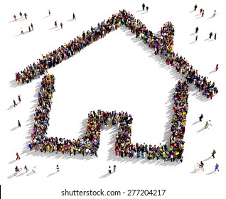 Large Group Of People Seen From Above Gathered Together In The Shape Of A House Symbol