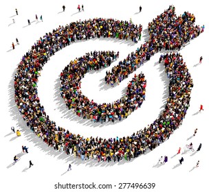Large group of people seen from above gathered together in the shape of a target with arrow icon