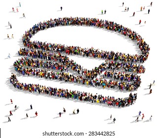 Large group of people seen from above gathered together in the shape of a hamburger 