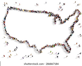 Large Group Of People Seen From Above Gathered Together To Shape The Border Of United States Of America Map