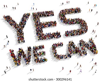 Large group of people seen from above gathered together to form the text "YES WE CAN" on a white background - Powered by Shutterstock