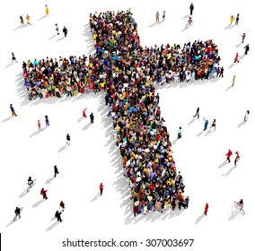 Large Group Of People Seen From Above Gathered Together In The Shape Of  A Cross, On White Background