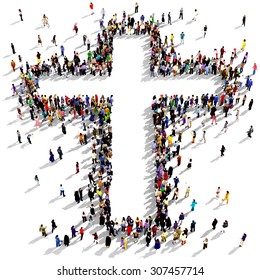 Large group of people seen from above gathered together around the shape of a cross, on white background