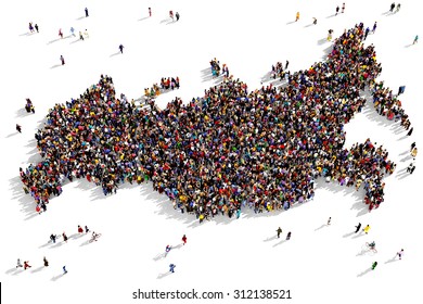 Large Group Of People Seen From Above Gathered Together In The Shape Of Russia Map