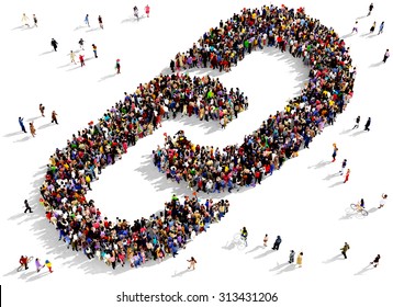 Large group of people seen from above gathered together in the shape of a link symbol