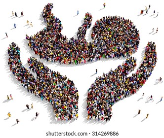 Large group of people seen from above gathered together in the shape of two hands holding a newborn child - Powered by Shutterstock