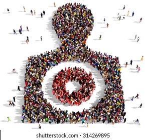 Large group of people seen from above gathered together in the shape of a human target