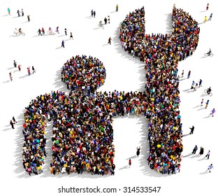 Large group of people seen from above gathered together in the shape of a fixing man symbol - Powered by Shutterstock