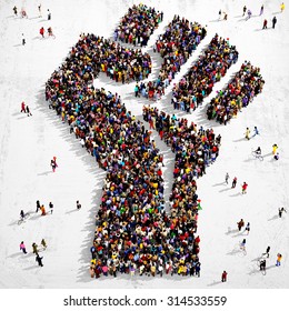 Large group of people seen from above gathered together in the shape of a fist symbol standing on a grungy background
