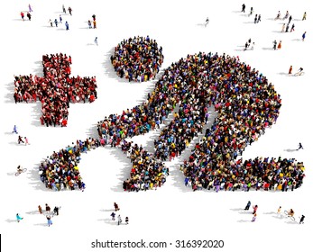 Large Group Of People Seen From Above Gathered Together In The Shape Of First Aid Symbol