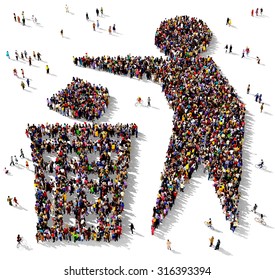 Large group of people seen from above gathered together in the shape of a symbol of a man next to a trash can - Powered by Shutterstock