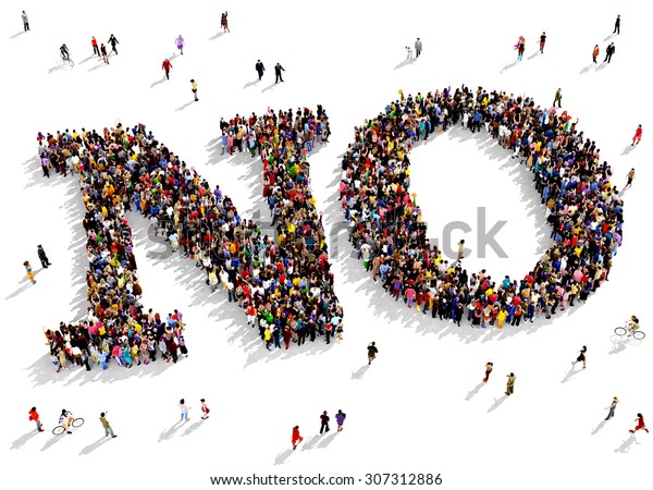 Large group of people seen from above gathered together in the shape of " NO" text 