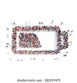 A Large Group Of People In The Shape Of Battery Charge. Isolated, White Background.