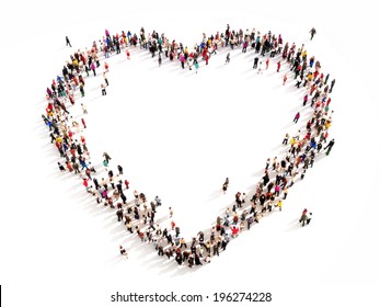 Large Group Of People In The Shape Of A Heart.Healthy Life,or People Searching For Love Concept. High Angle View On A White Background.Room For Text Or Copy Space