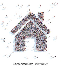 A Large Group Of People In The Shape Of A House. White Background.