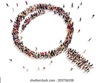 Large group of people in the shape of a magnifying glass. Searching, investigating or analyzing concept on a white background.
