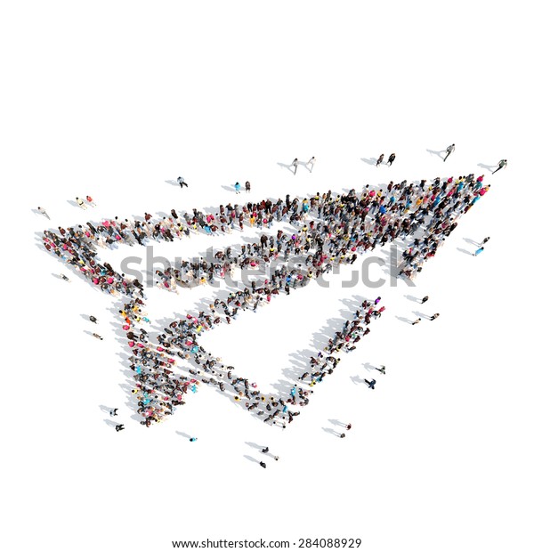 A large group of people in the shape of\
paper airplane. Isolated, white\
background.