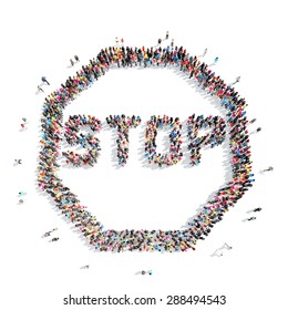 A Large Group Of People In The Shape Of A Stop Sign. Isolated, On A White Background.