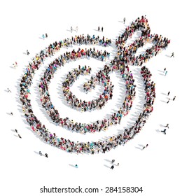 A Large Group Of People In The Shape Of A Target With An Arrow. Isolated, White Background.