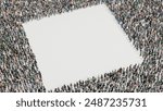 Large group of people stand together and forming square shape frame, Diversity of men and women population unite in public, crowd community in aerial bird eye top view with copy space 3d rendering