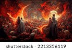 A large group of people is suffering their punishments and expiating sins in a hellish fire afterlife. Matte painting 3D illustration for halloween theme.