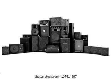 Large Group Of Speakers In A Row, Loud Or Abused Concept On A White Background.