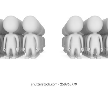 A large groups of people stand on white in box formation. Isolated 3d render. Teamwork, business, army concept.
