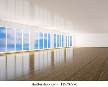 A large hall with a big windows