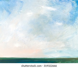 Large high sky, landscape with sea. Painting, pictorial art
