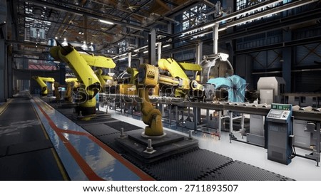 In a large, high tech factory, robotic arms work efficiently on an assembly line. Bright lights illuminate the space, showcasing the intricate machinery and tools being utilized.