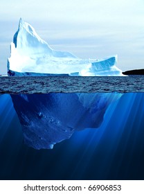 A Large Iceberg In The Cold Blue Cold Water. Collage