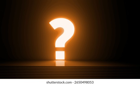 Large, illuminated question mark hangs above a set of stairs in a darkened room, creating a sense of mystery and intrigue, inviting exploration and discovery